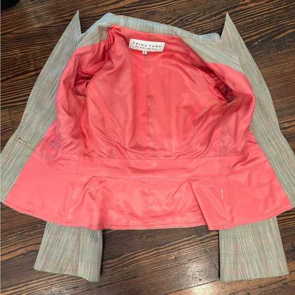 Trina Turk Los Angeles Designer Plaid Pink Beige Flare Sleeve Lined Blazer Sz 2 - Picture 5 of 5